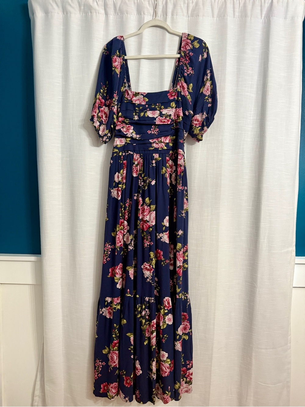 NWT: Arula Gracia Navy Floral Maxi Dress 1X Puff Sleeve Smocked Back Pockets